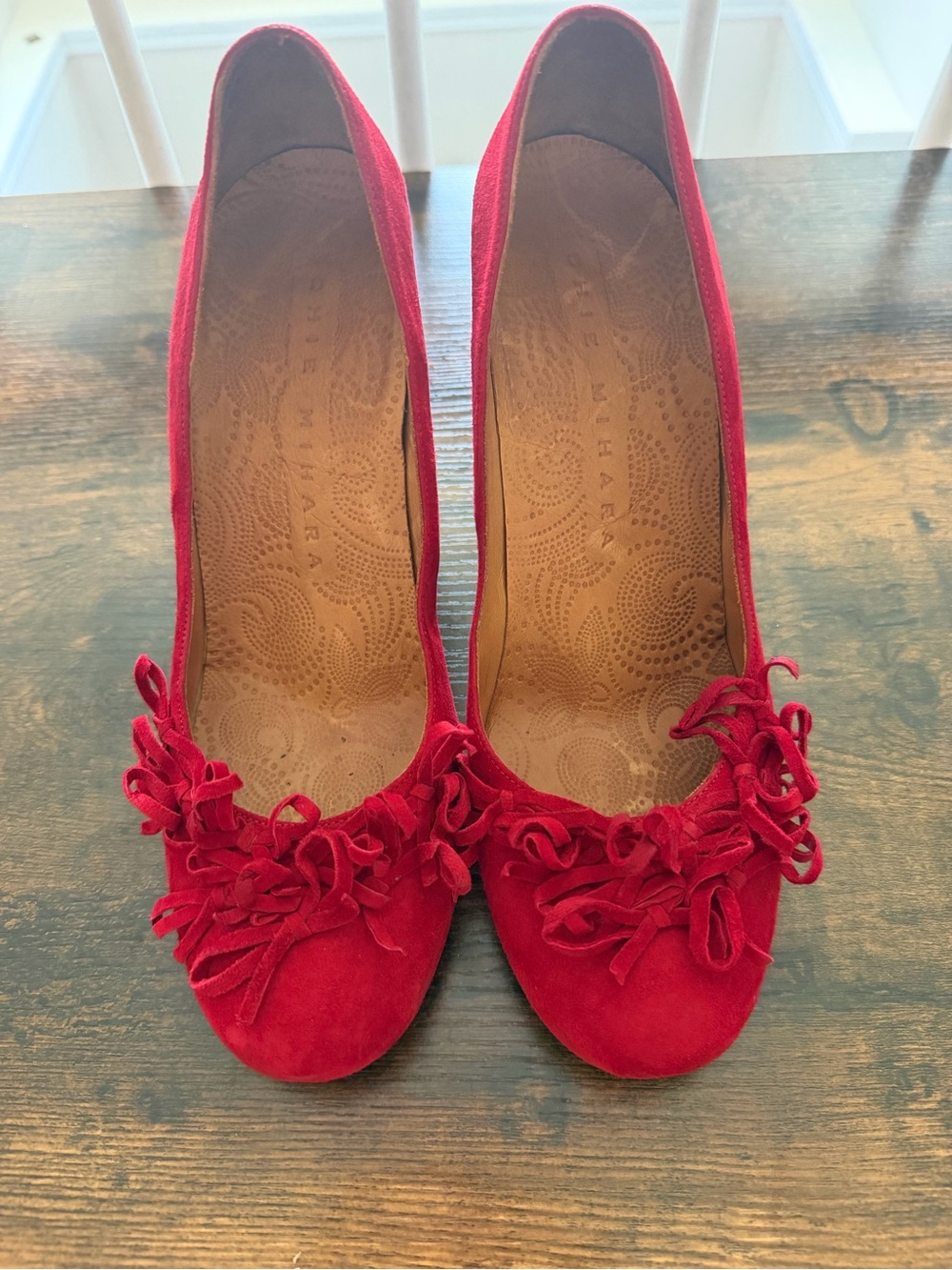 Chie Mihara Red Suede Heels with Ruffle Accent